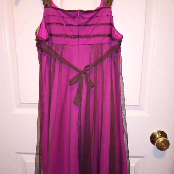 Bonnie Jean Brown Lace and Magenta Dress Satin/Beaded Bow Girls Size 12 - Picture 2 of 3